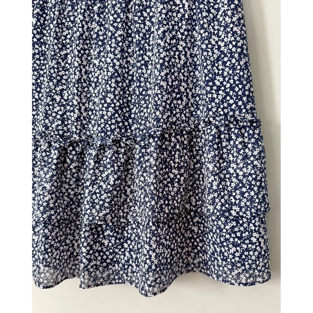J.Crew Ditsy Floral Tiered Mini Skirt Elastic Waist XL Navy Blue White Spring‎